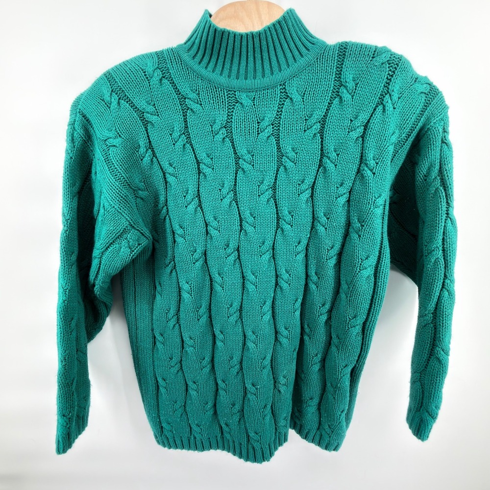 Vintage Ellemenno Cable Knit Mock Neck Sweater Womens Large Teal Acrylic Pull